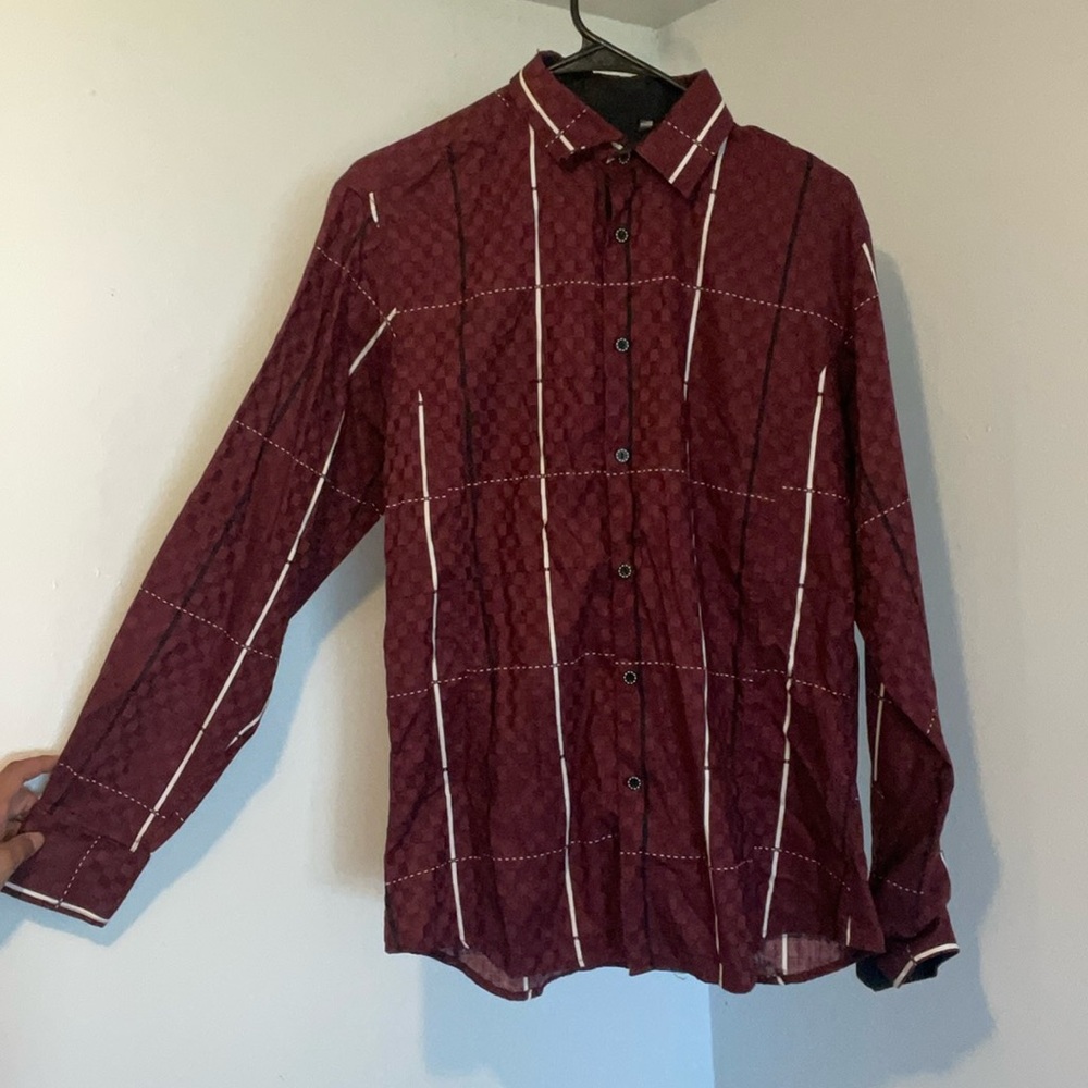 Ace Of Diamonds Wine Red Black white lines button up size M ‎Western wear Shirt